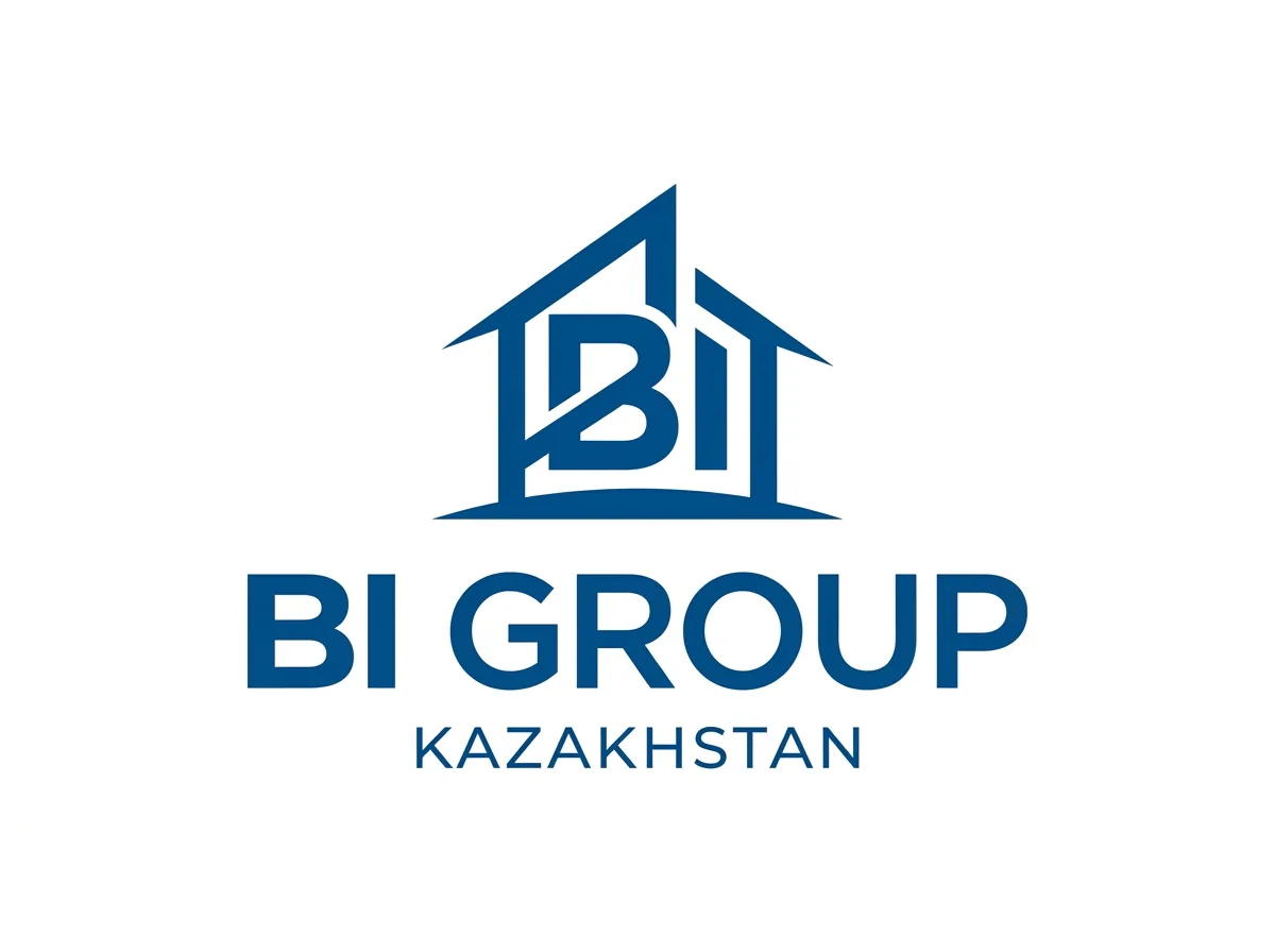 Логотип компании BI Group — строительный холдинг Казахстана, корпоративный стиль, белый фон, синий текст